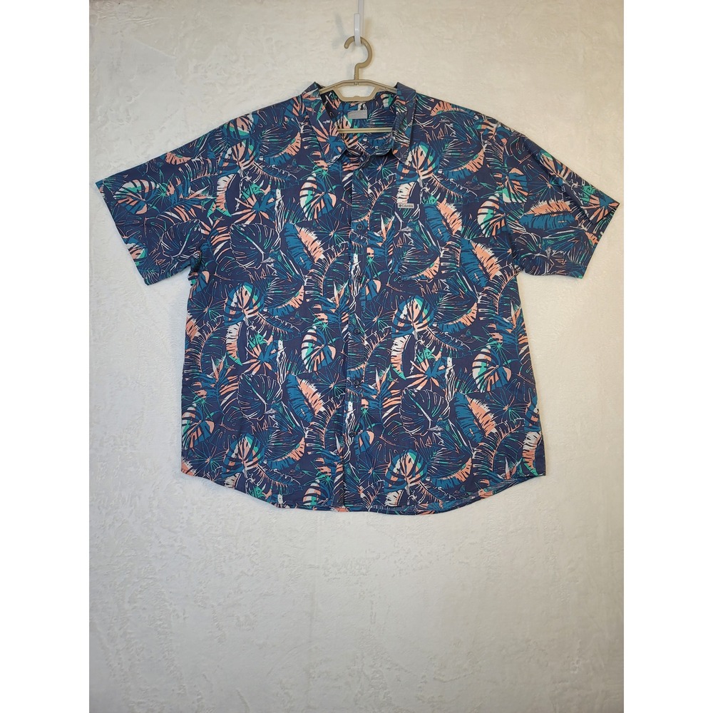 Columbia Tropical Palm Leaf Resortwear Shirt Button Down Vacation Blue Size 2XL